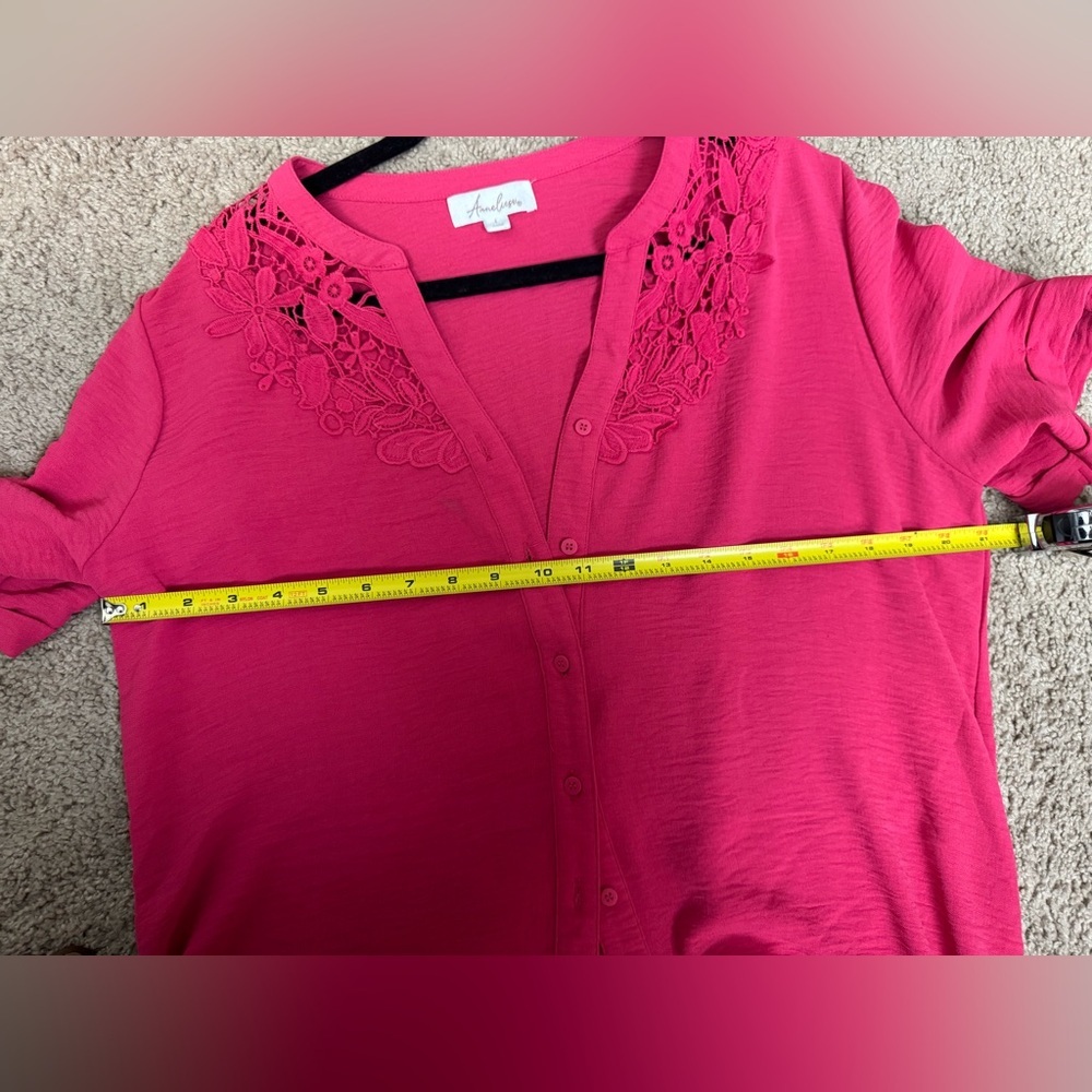 Anneleise Hot Pink Lace Yoke Tie-Front Top | Short Sleeve | Size L - Picture 6 of 7